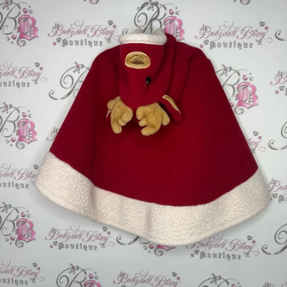 Doppio’s poncho reindeer kids red white Pom poms deer hood cute cozy warm Xmas
